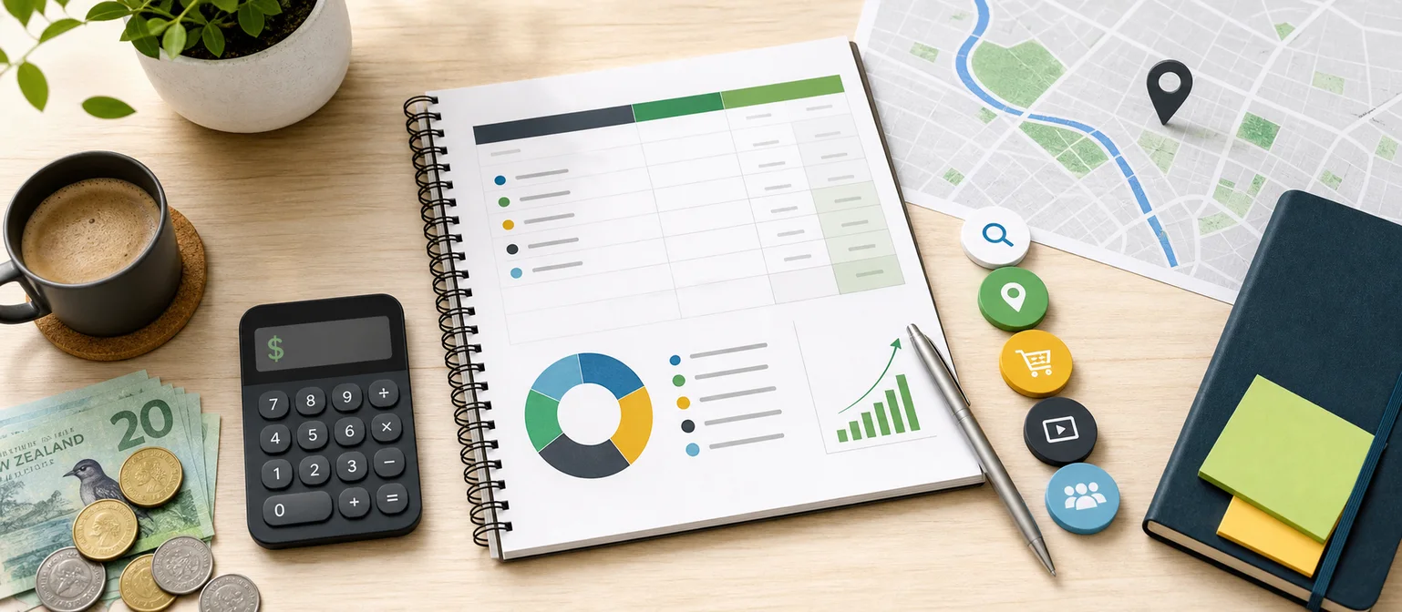New Zealand advertising budget plan with calculator, campaign allocations, and local map