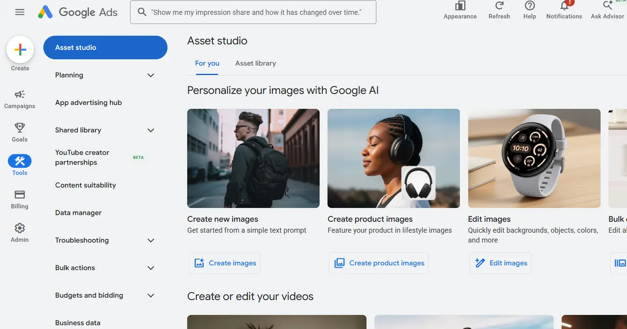 Google Ads Asset Studio interface for campaign creative management