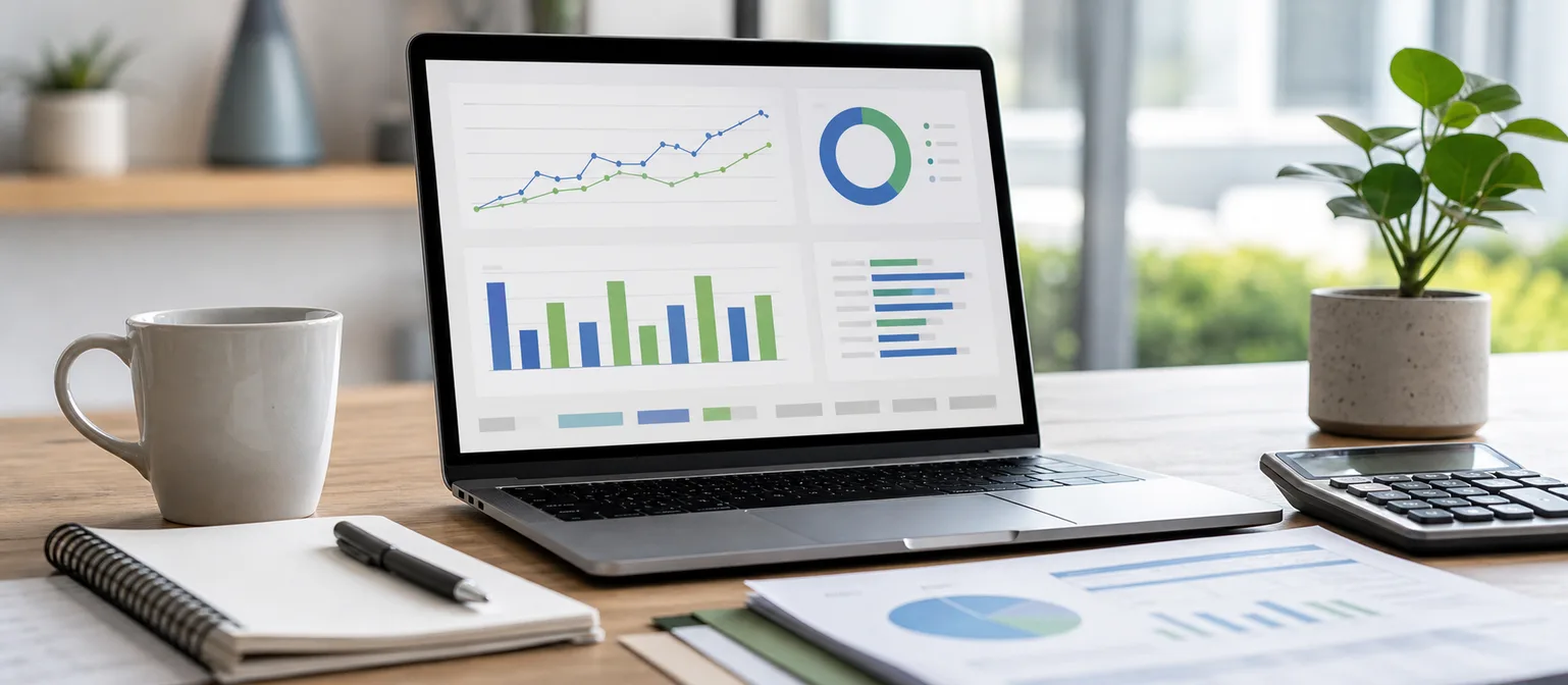 Laptop dashboard and calculator representing Google Ads costs in New Zealand