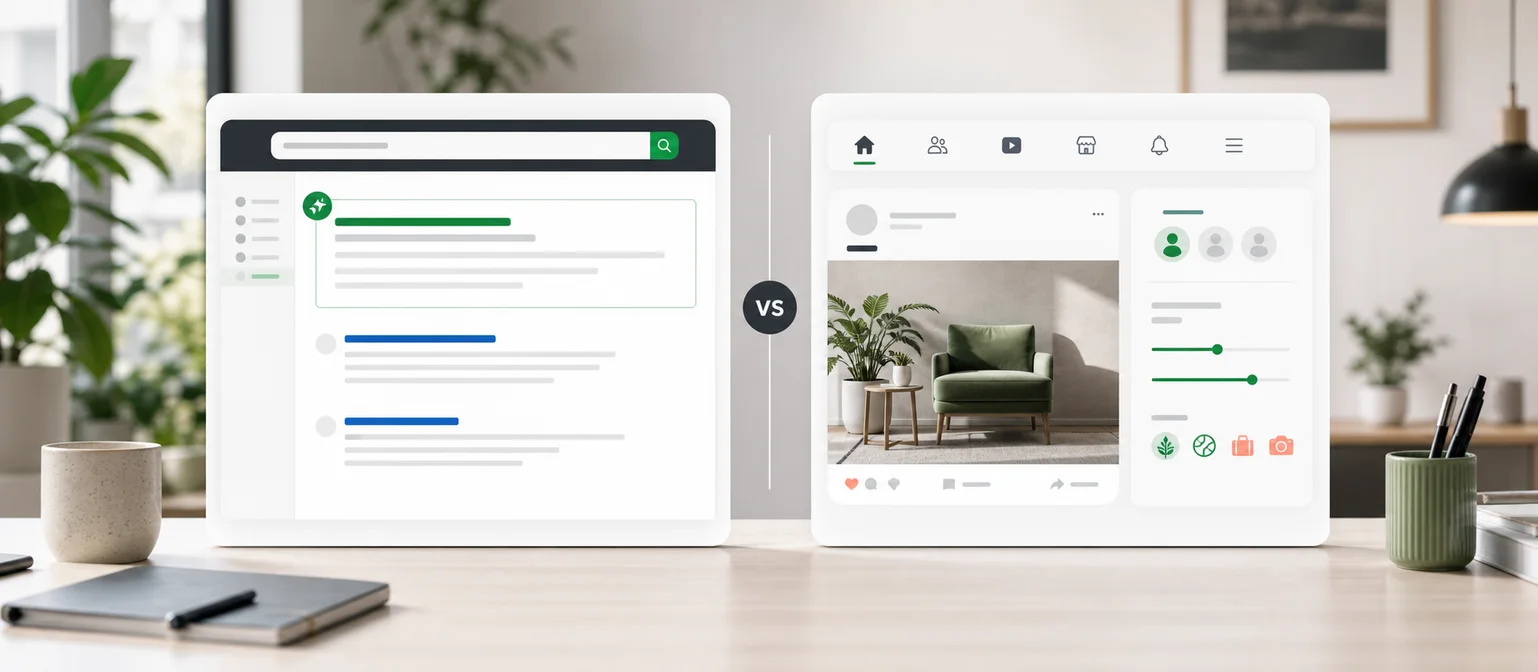 Search advertising and social media advertising campaign screens compared side by side