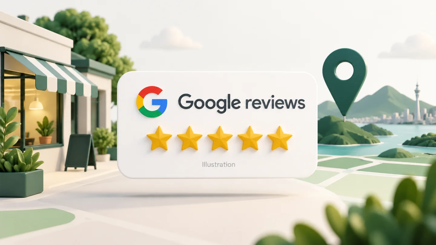 Illustration of a Google reviews panel with five gold stars, a local storefront and a map pin