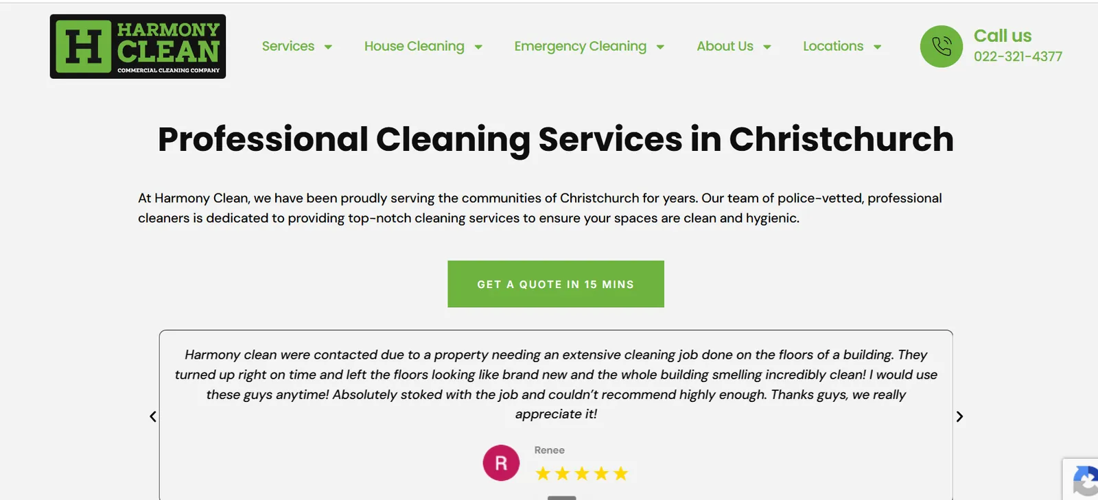 Harmony Clean Christchurch cleaning services website homepage