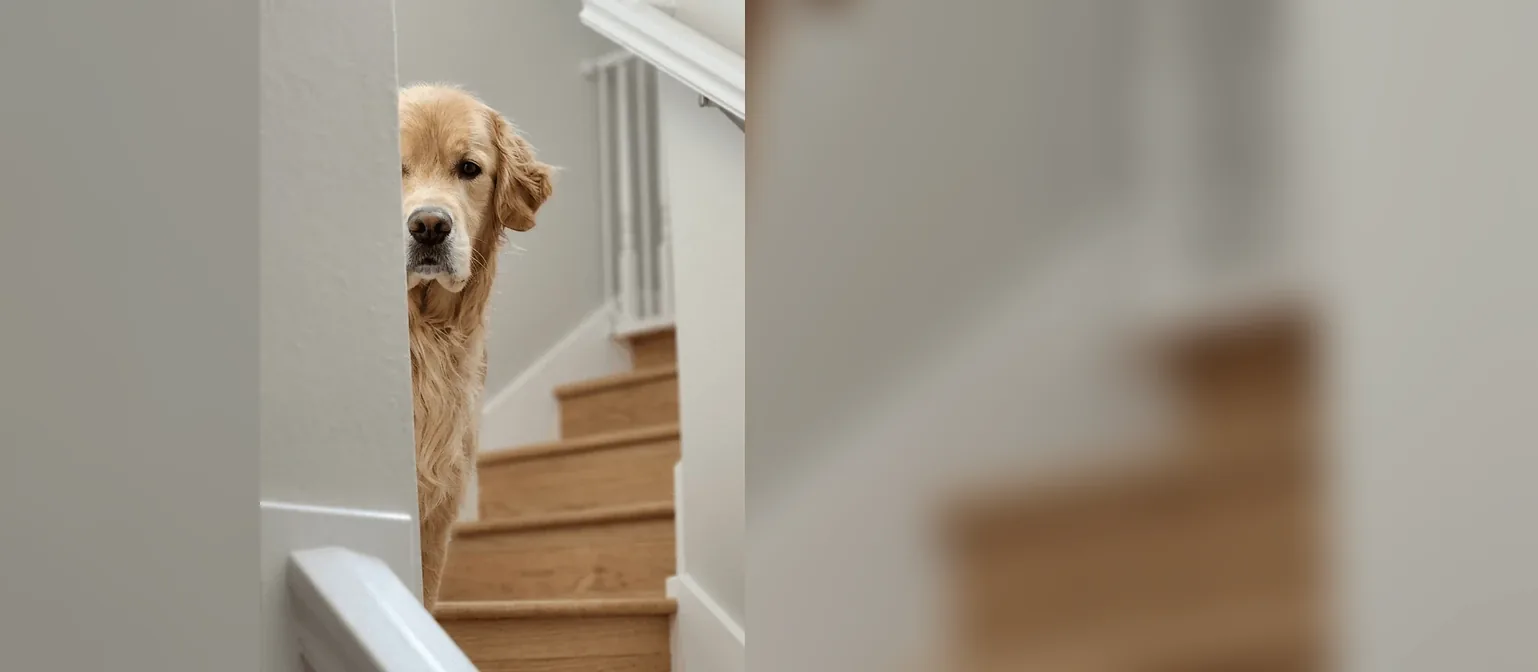 Curious dog looking around a corner