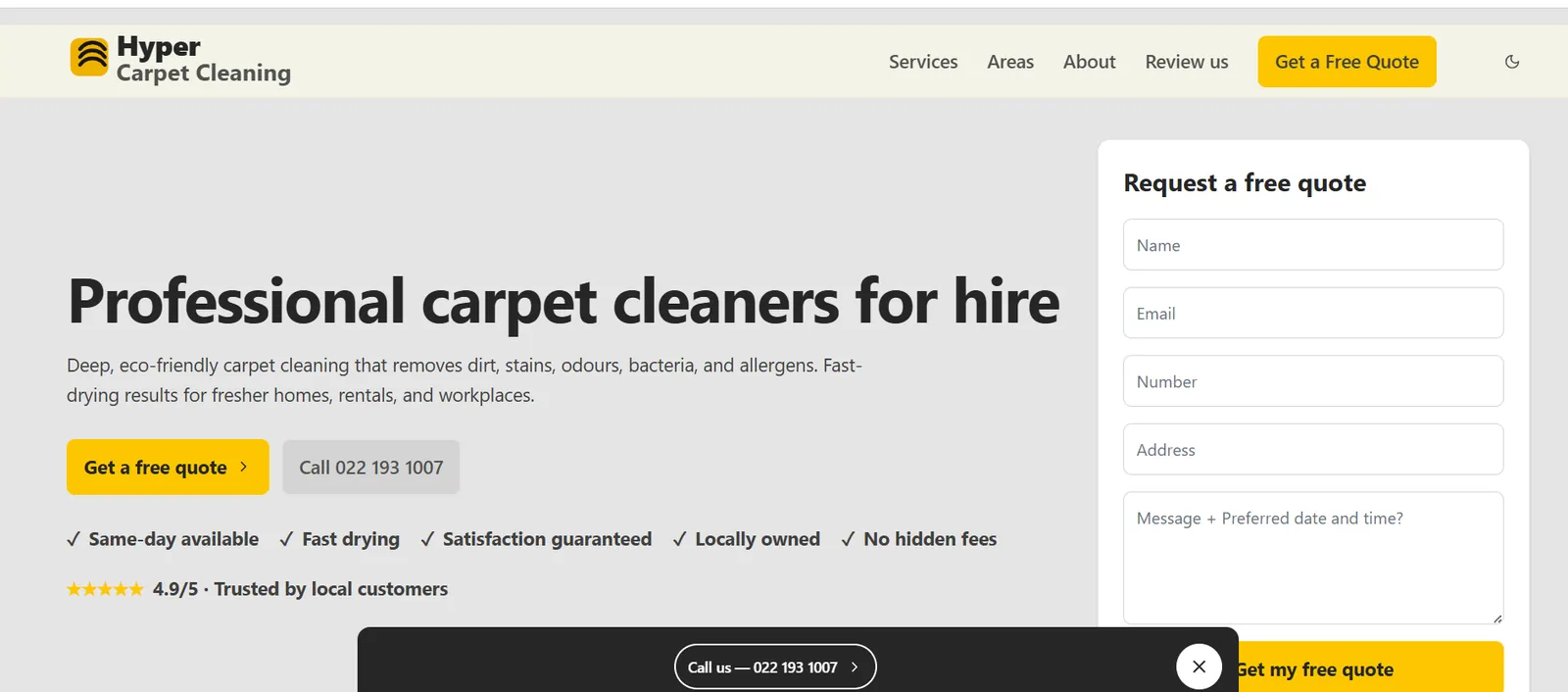 Hyper Carpet Cleaning quote-focused website homepage
