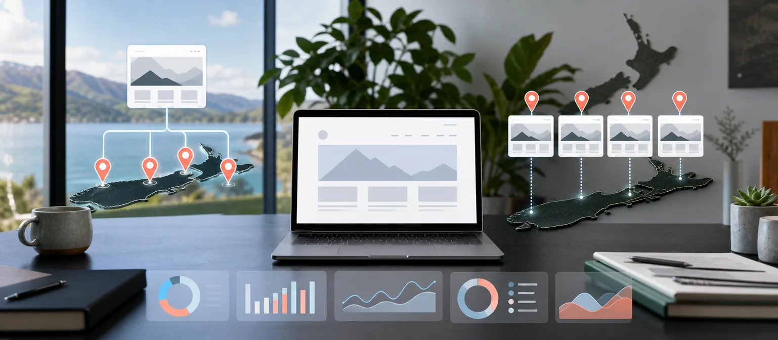 Laptop and New Zealand map with connected location pages representing multi-location SEO website structure