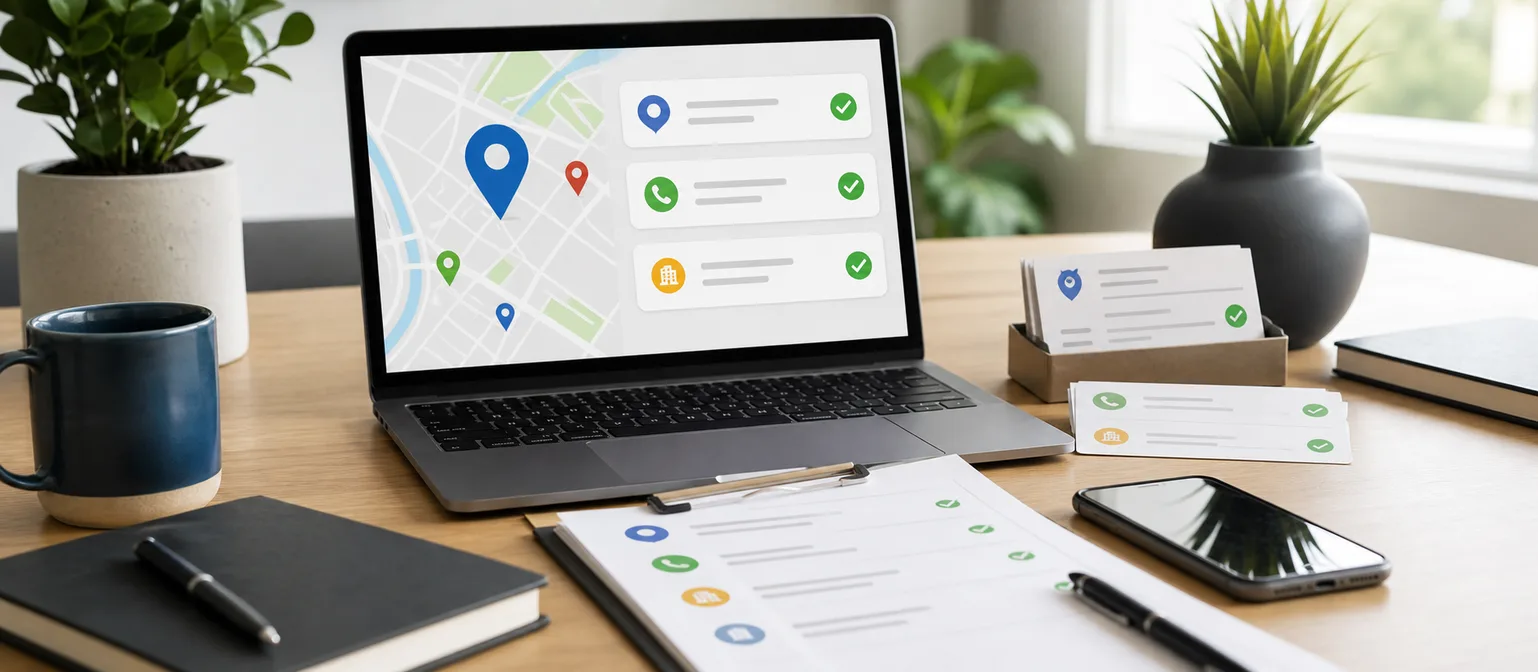 Laptop, checklist, and local listing cards representing NAP consistency for NZ local SEO