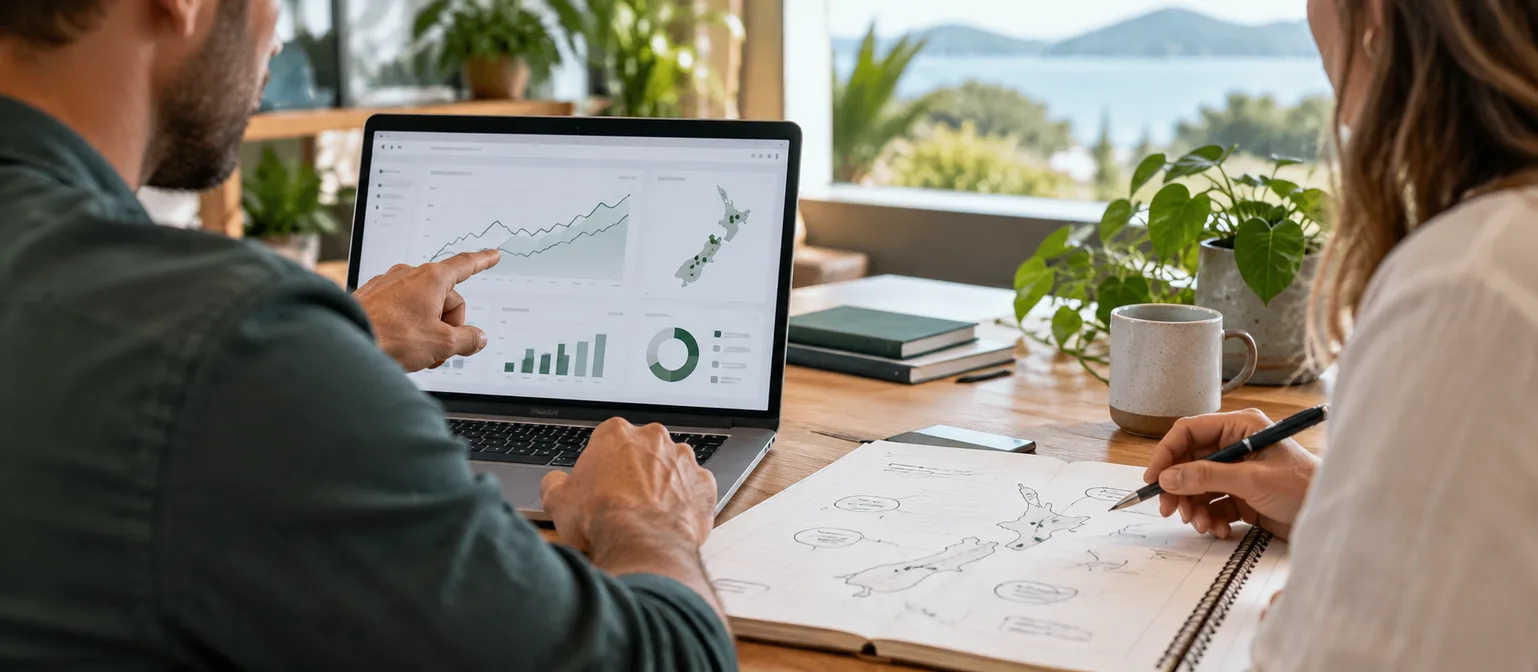 New Zealand business owner and SEO strategist reviewing organic search performance and a nationwide search plan