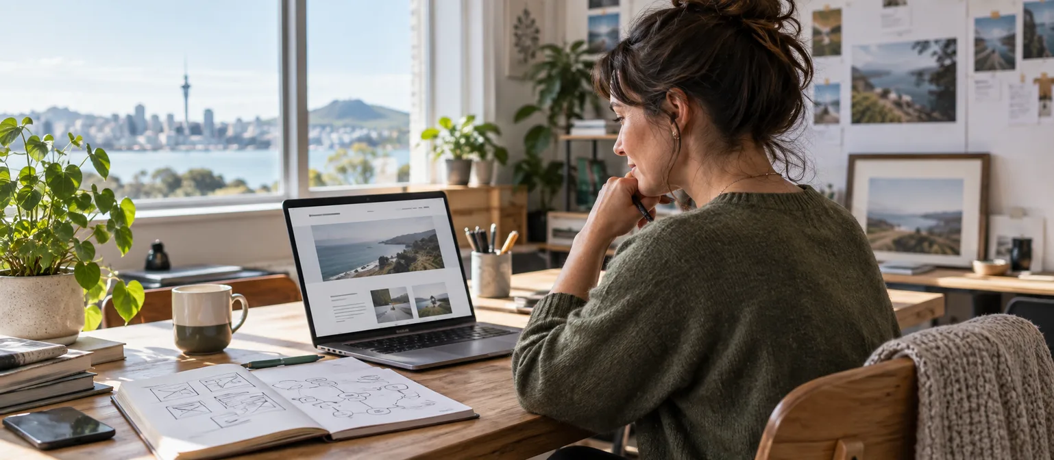 Business owner reviewing an AI-assisted website and customer journey notes