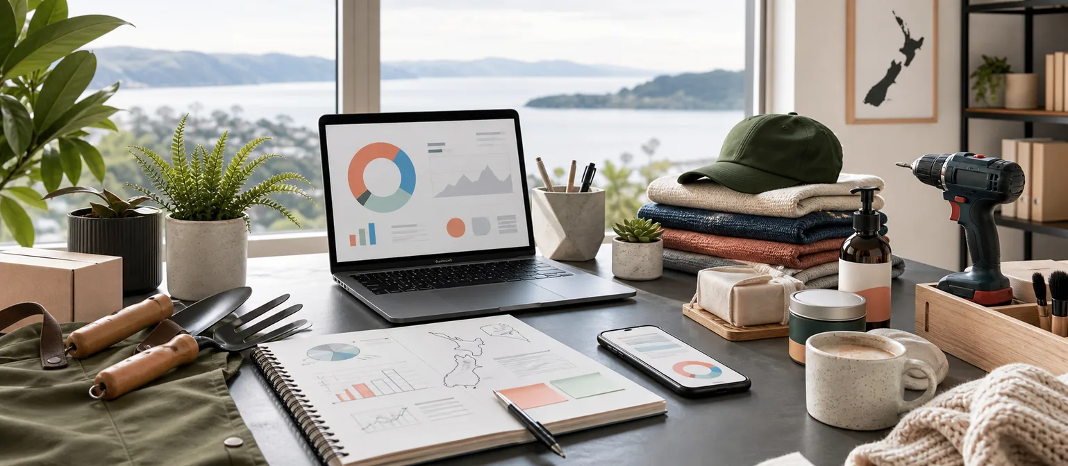Workspace with trade tools, products, laptop dashboard, and planning notes representing small business ideas in New Zealand