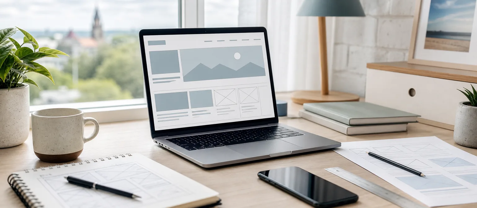 Laptop wireframe and planning notes representing website costs in Christchurch