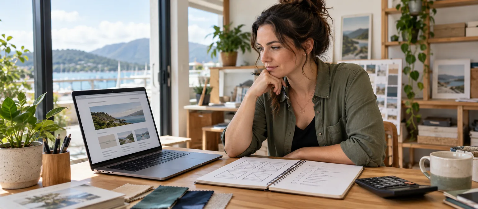 New Zealand business owner comparing website plans and costs at a desk