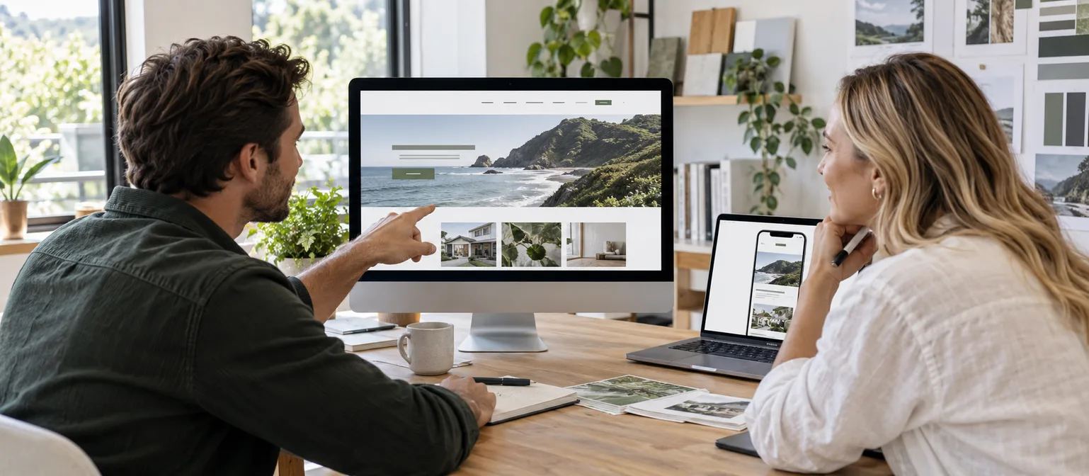 New Zealand business owner collaborating with a web designer on desktop and mobile website layouts