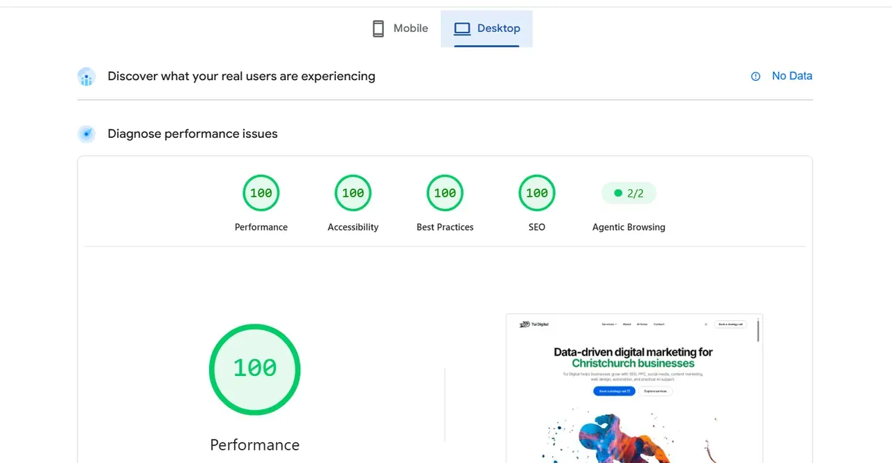 Desktop Lighthouse audit showing 100 scores for performance, accessibility, best practices, and SEO